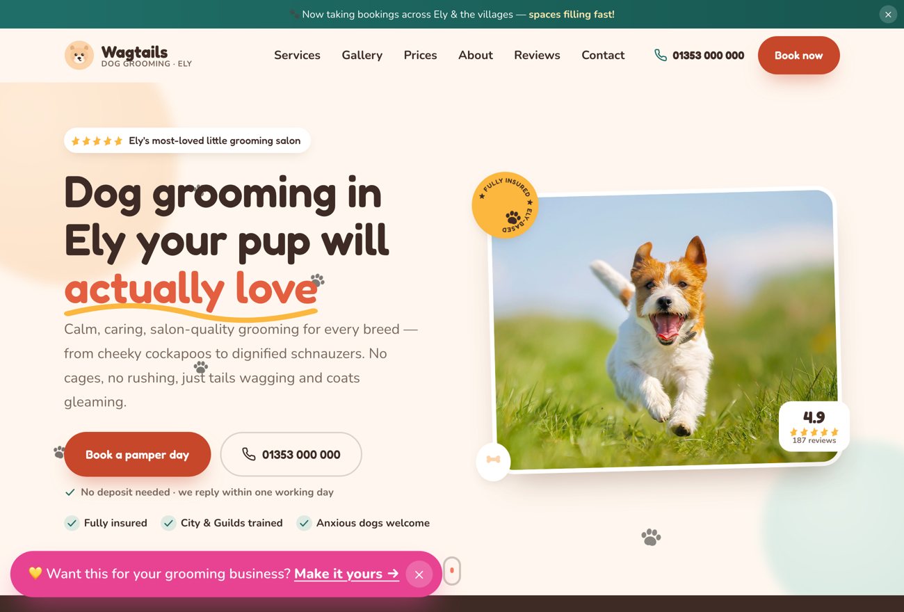 A live example dog grooming website built for a groomer, showing a happy dog and an online booking button